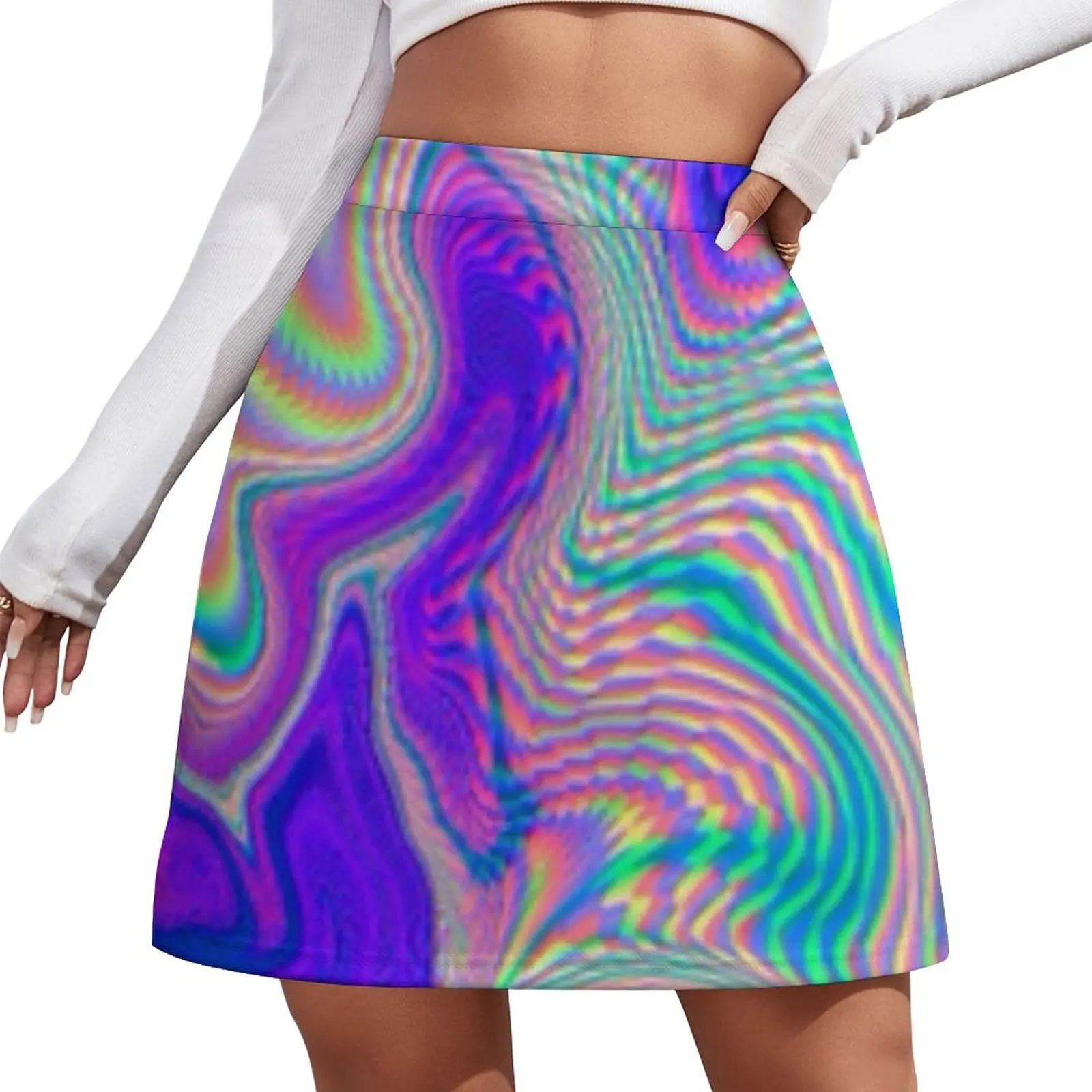Purple Holographic Pattern Mini Skirt korean style skirt new in dresses Clothes for summer mini dresses striped pocket drawstring tie mini dress in multicolor size s