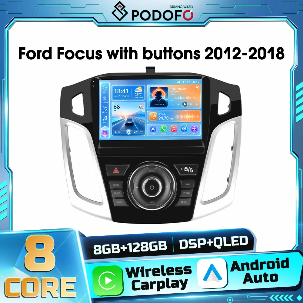 Reproductor Multimedia para Automóvil Android 2din con Voz AI de Podofo para Ford Focus 2012-2018, Carplay, Autoradio, Navegación GPS, Android Auto, WIFI, DSP, Receptor FM, RDS 1