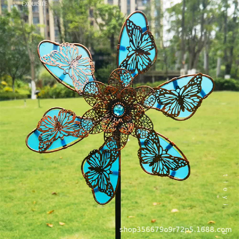 2025 New Metal Craftsmanship Ornaments Luminous Butterfly Inserts Patio Outdoor Decoration Wrought Iron Windmill Butterfly Decoration Garden Art Decor Windmill Toys Garden Windmill