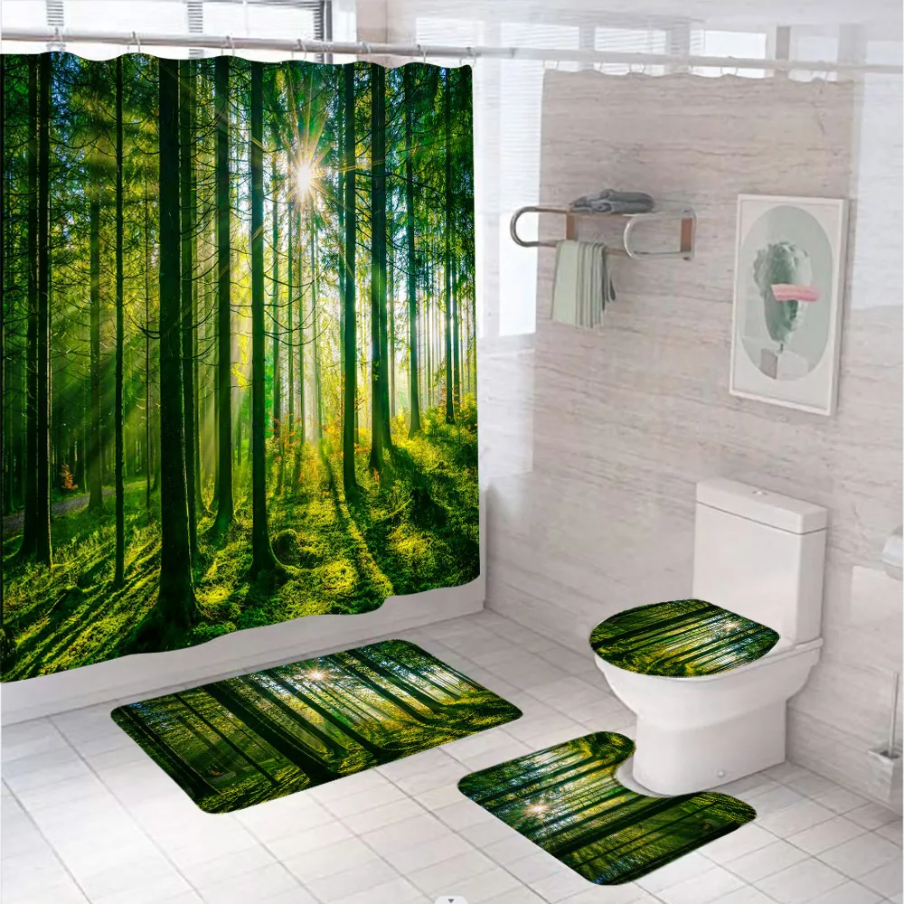 

4Pcs Forest Woodland Shower Curtain Bathroom Set Natural Scenery Green Tree Sunshine Non-Slip Rug Toilet Lid Cover Bath Mat Home