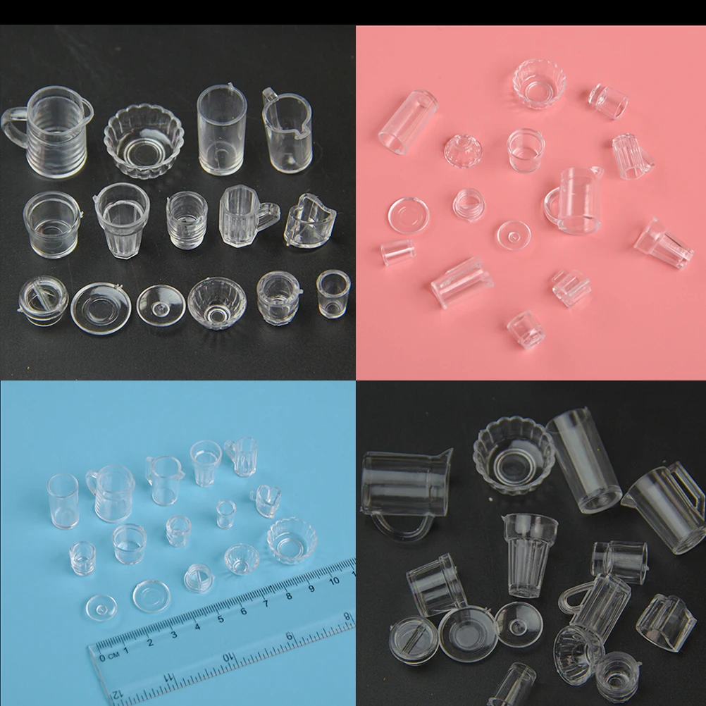 15pcs/Set Mini Transparent Kitchenware Toy Drink Cups Dish Plate Tableware Miniatures DIY Pretend Play