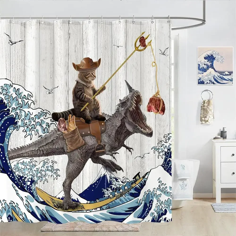 Funny Cat Dinosaur Shower Curtain Fishing Japanese Ocean Wave Rustic Wood Farmhouse Fabric Kids Bath Curtains for Bathroom Decor 6