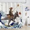 Funny Cat Dinosaur Shower Curtain Fishing Japanese Ocean Wave Rustic Wood Farmhouse Fabric Kids Bath Curtains for Bathroom Decor 6