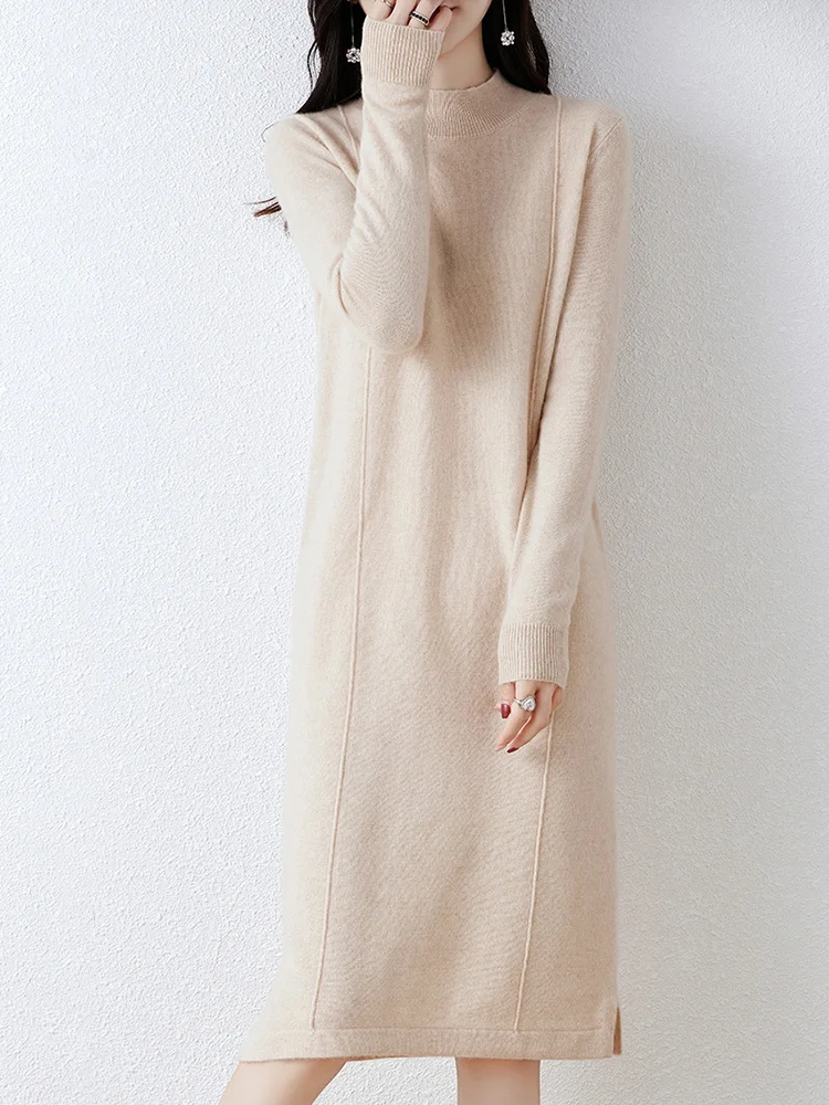 Women's Cashmere Sweater Dress, 100 Pure Wool, Long, Semi-Turtle Neck, Skirt, Loose, Autumn, Winter 2