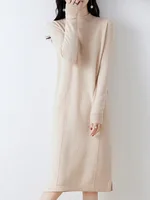 Women's Cashmere Sweater Dress, 100 Pure Wool, Long, Semi-Turtle Neck, Skirt, Loose, Autumn, Winter 2