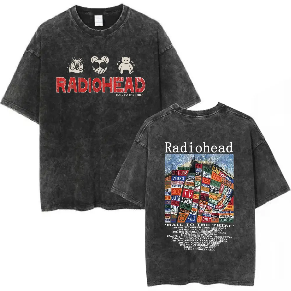 Radiohead Rock Band OK Computer Vintage Washed T-shirt Men Women Fashion Hip Hop T Shirts 100% Cotton Casual T-shirts Streetwear 3