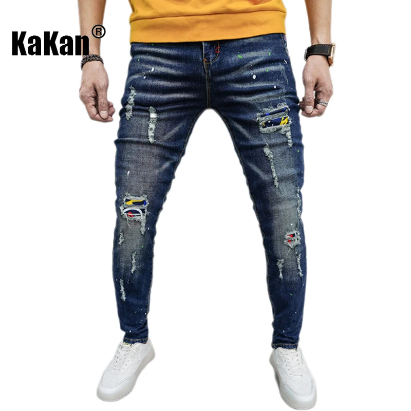 Kakan Europe and America's New Patch Denim Men's Clothing, Hole Hole Beggar Slim Fit Small Foot Patch Long Denim K7-686