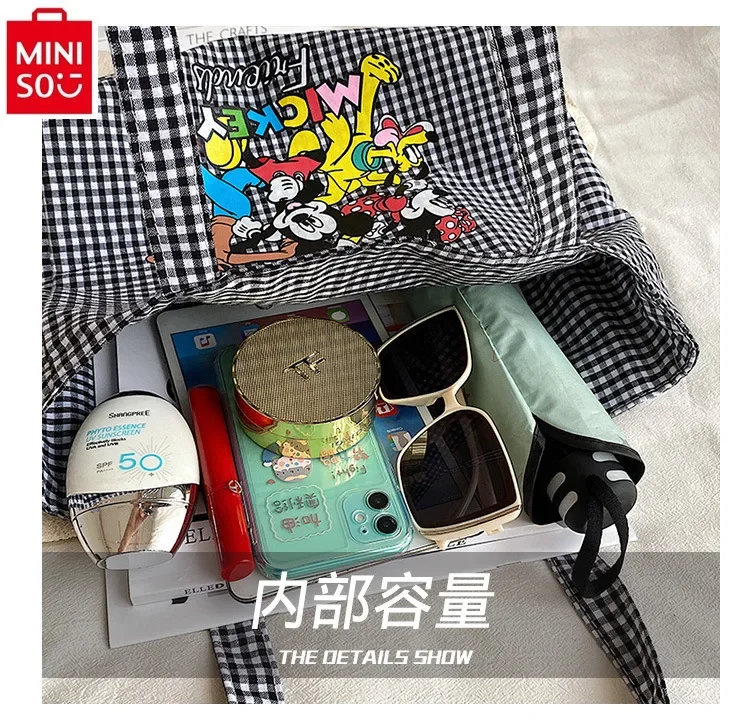 MINISO Disney Family Women's Large Capacity Cartoon Anime Mickey Donald Duck Rice Print One Shoulder Shopping Bag Handbag