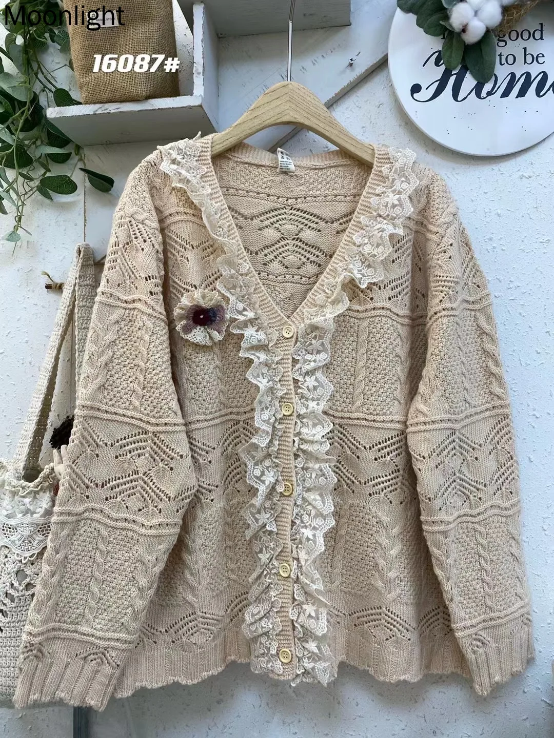 

Sweet Lace Knitting Hollow Out Cardigan Coat Women Autumn Winter Japan Mori Girl V-Neck Single Breasted Long Sleeve Sweater