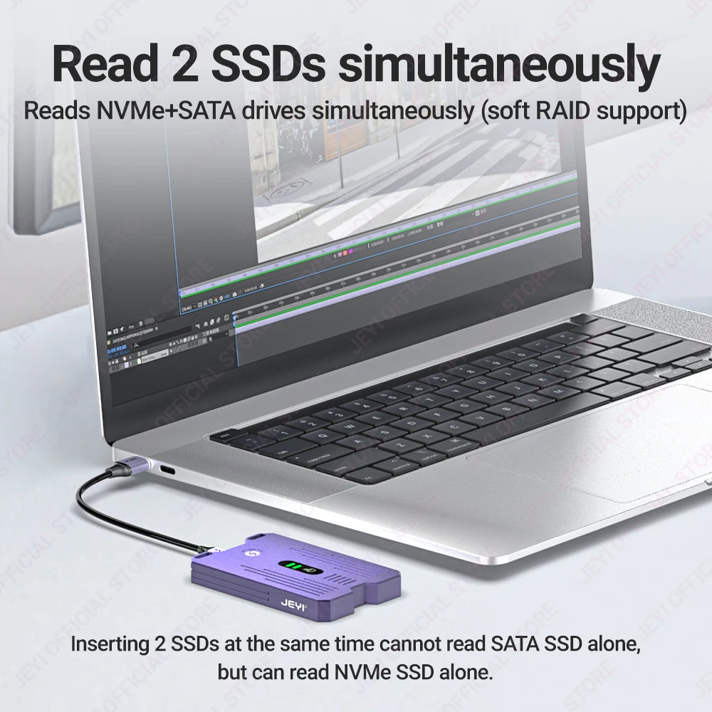 JEYI Dual Protocols SSD Enclosure (NVMe + SATA) JMS581 Chip USB 3.1 Gen2 10G Dual Bay M.2 NVMe NGFF Smart Touch Enclosure Case ssd enclosure