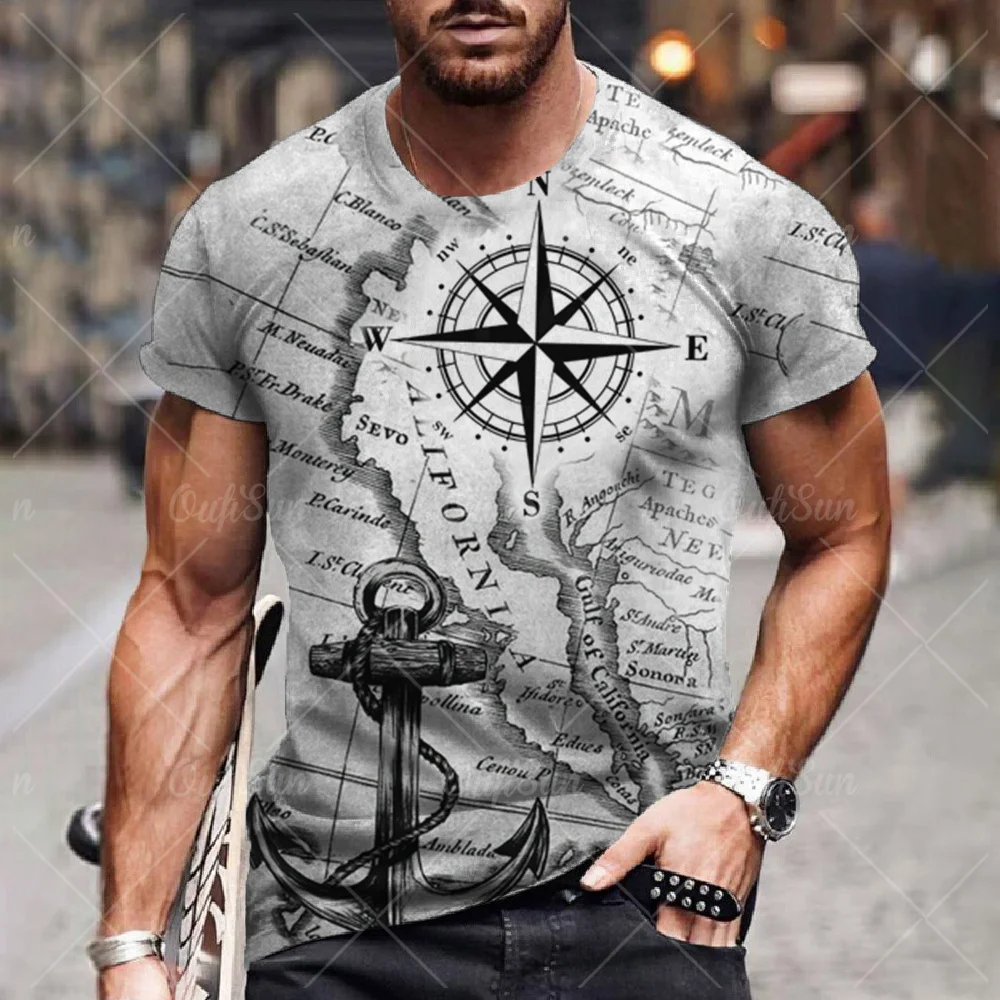 

Compass Print T-shirt Vintage Men's Short Sleeve Shirt Nautical Tops Summer O-Neck Sweatshirt Tees Designer Daily Mens Clothing