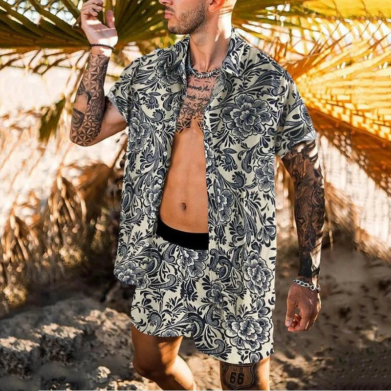 

New Men Hawaiian Sets Summer Flowers Printing Short Sleeve Button Shirt Beach Shorts Two Set Hip Hop Men's Sweat-shirt Tops Tees