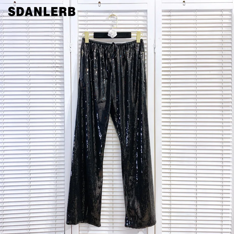 

2021 Autumn Winter New High Waist Elastic Drawstring Pants Sequins Draping Straight Loose Slimming Casual Versatile Trousers