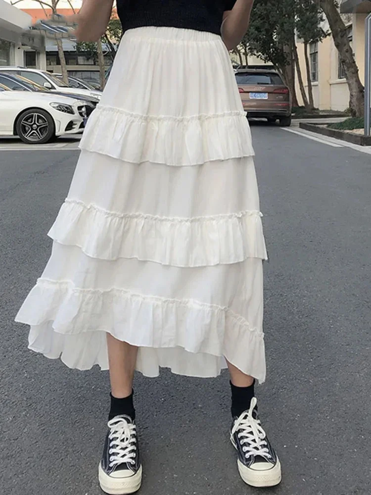 

Korean Women's Fashion High Waist Asymmetric Solid Color Pleated Skirt New Sweet Lady Summer Casual Versatile Spliced Half Skirt