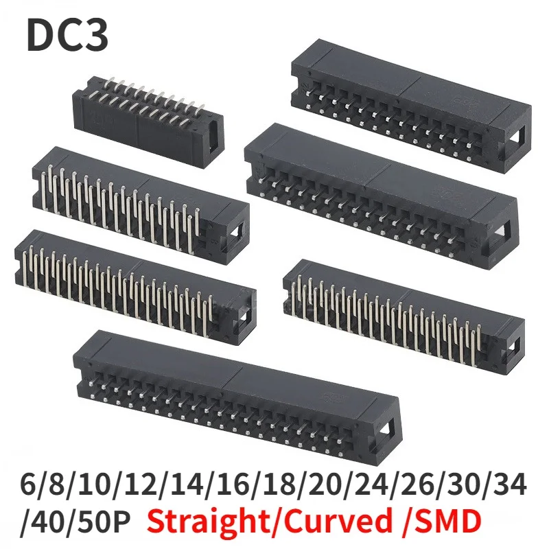 

10pcs DC3 6/8/10/12/14/16/18/20/24/26/30/34/40/50P 2.54mm IDC socket Connector ISP Male Double-spaced Straight/Curved needle SMD