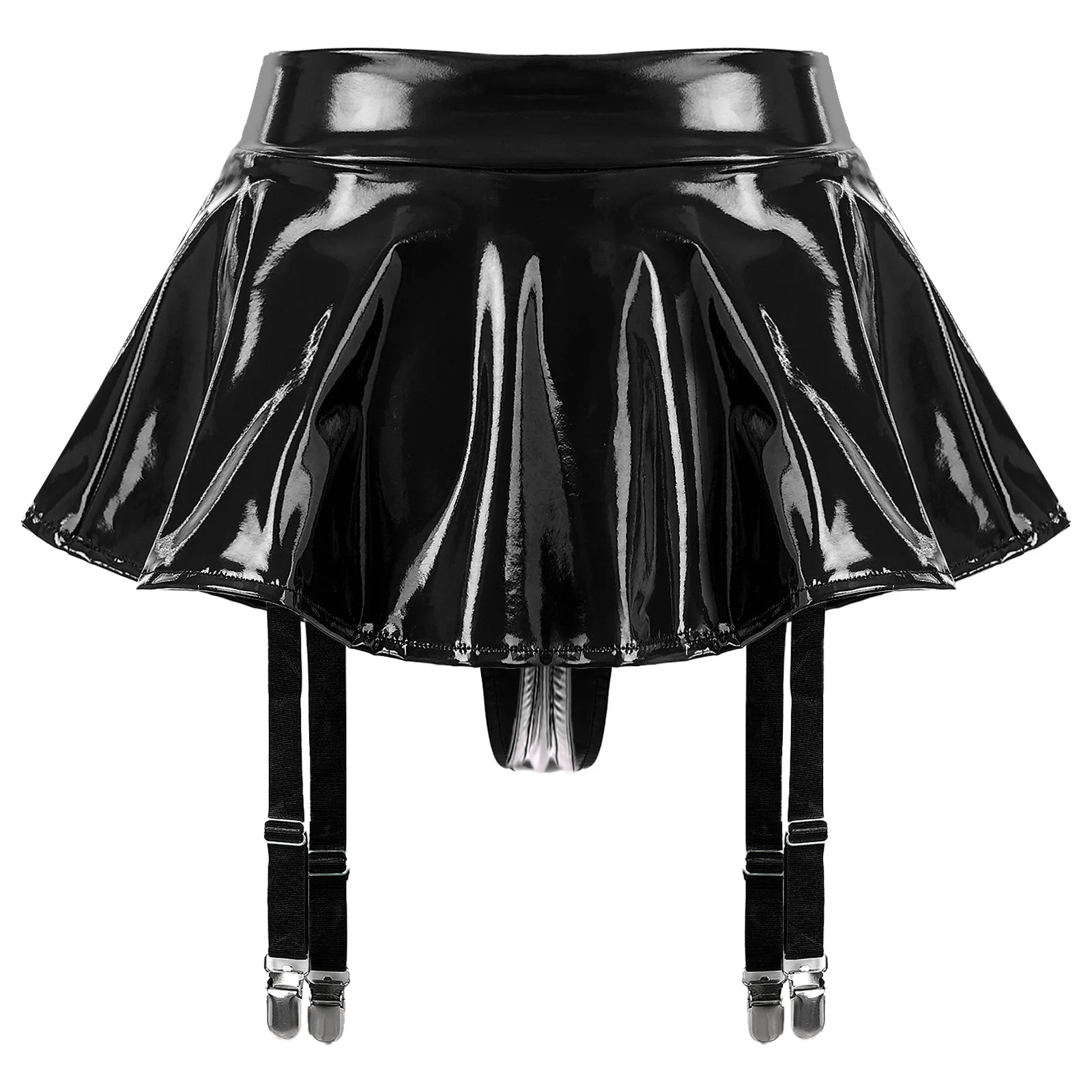 thumbnail image 1 of Minifalda Sexy para mujer, pantalones cortos con aspecto húmedo, ropa para discoteca, minifalda con volantes de charol brillante, tangas integradas, ligueros, Clips de Metal, 1 of 5