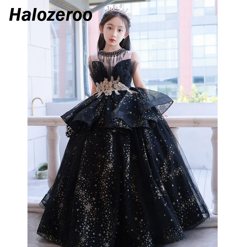 

New Baby Girls Bling Princess Vintage Dress Tulle Children Vestido Kids Wedding Party Birthday Tutu Dress Black Star Long Skirts