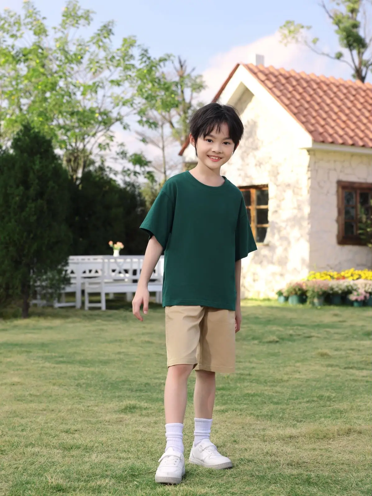 어린이용 순면 오프숄더 반팔 라운드넥 티셔츠, YILI025