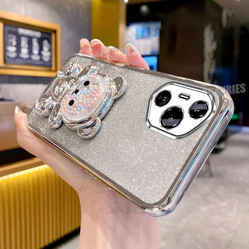 Cute Bear Holder Plating Silicone Case - Soft Shockproof Protective Stand Cover
