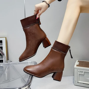 أحذية شتوية مريحة بمقاسات كبيرة، أحذية عمل كاجوال عصرية برأس مربع من الجلد وكعب مربع للنساء 3