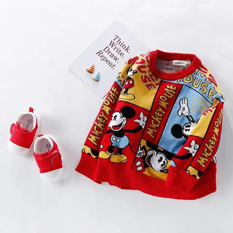 Autumn Winter Clothes Kid Boy Sweater Girl Thick Knitted Cotton Cartoon Mickey Mouse Print Children Pajama Coat Sweatshirts