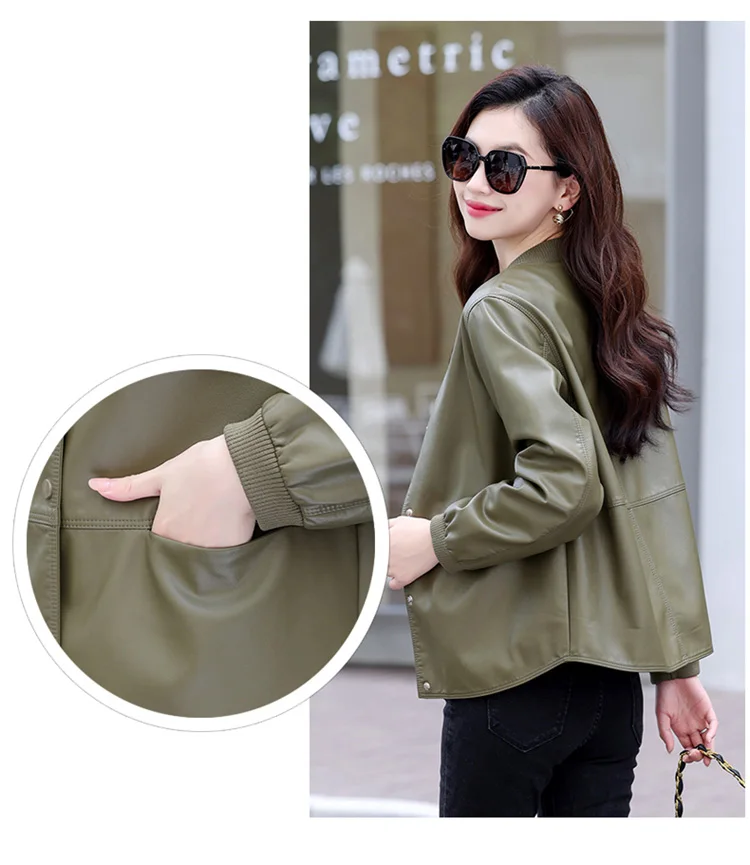 New Women Casual Leather Jacket Spring Autumn Fashion Patchwork V-Neck Single Breasted Loose Short Outerwear Split Leather