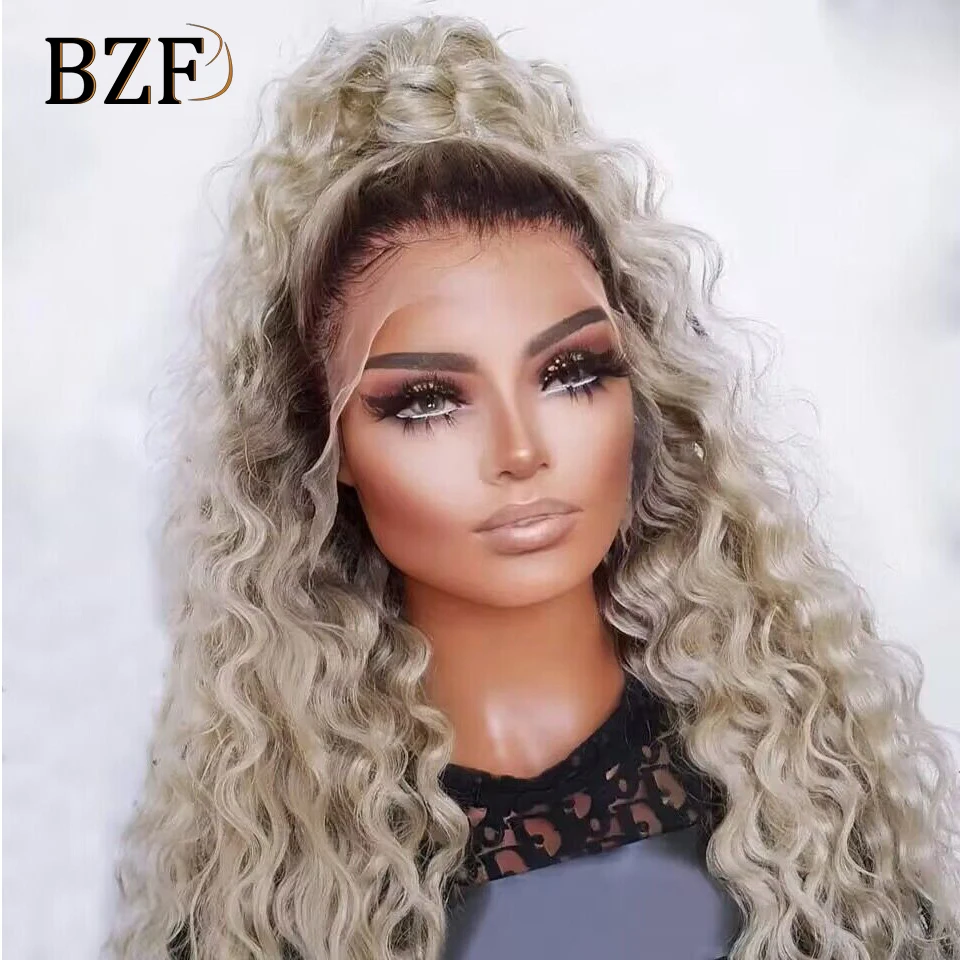180 Density Ash Blonde Lace Front Synthetic Wigs Deep Wave Curly Wig For Women Cosplay Blonde Wig Heat Resistant Daily Use