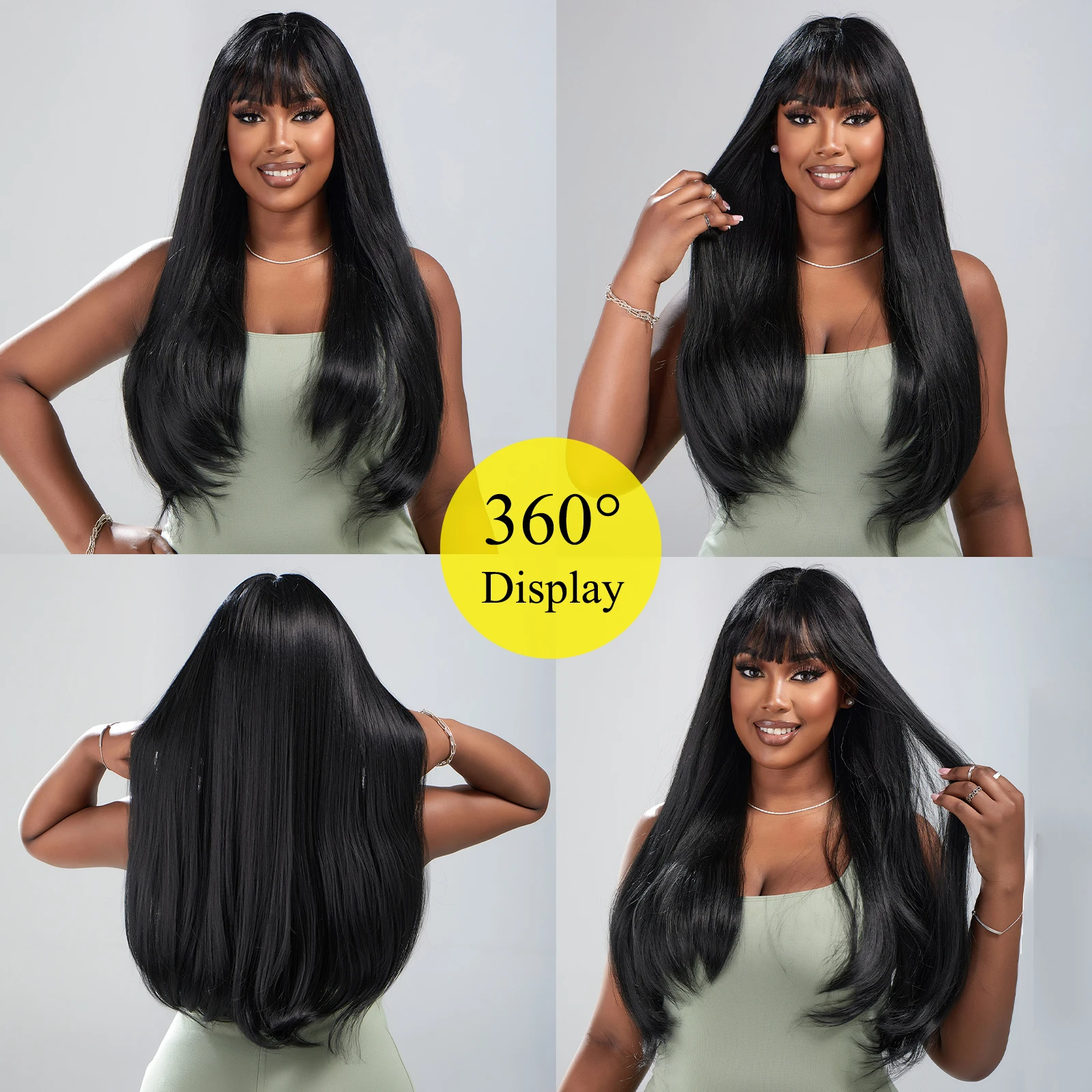 Long Black Straight Wigs for Women Dark Daily Wig Synthetic Wigs with Bangs Heat Resistant Fiber Natural Looking Hair_voghion.com