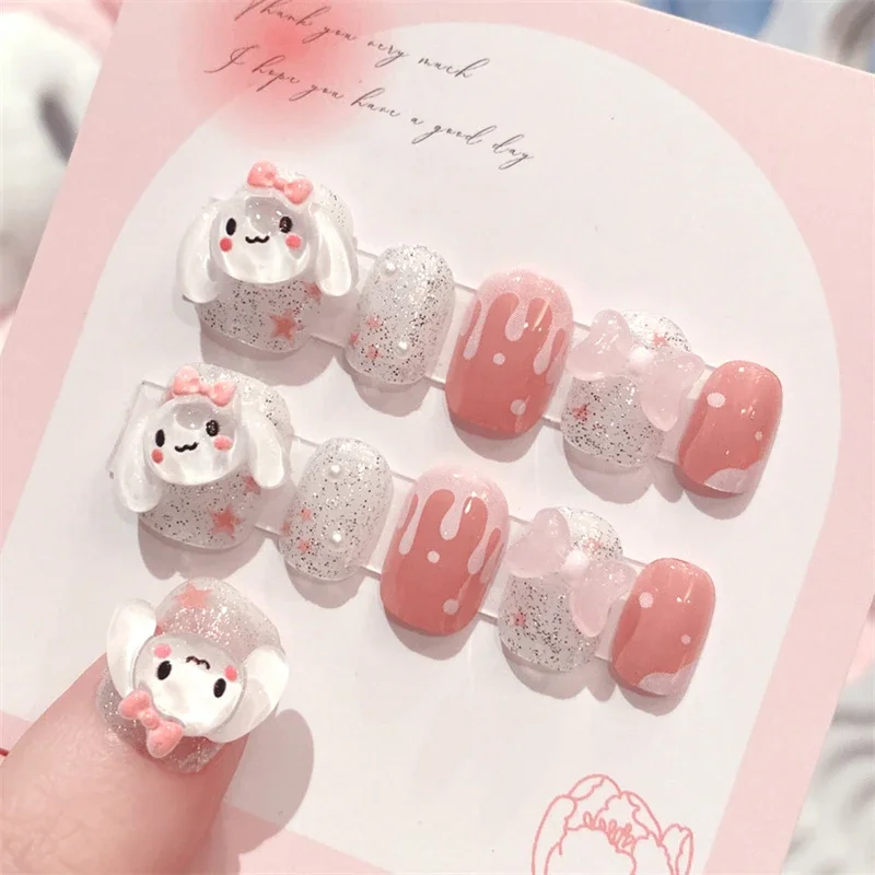 24pcs Sanrio Cinnamoroll False Nails Cute Cartoon Girls wearable Finish Product Beautify Nails with Accessories Holiday Gifts