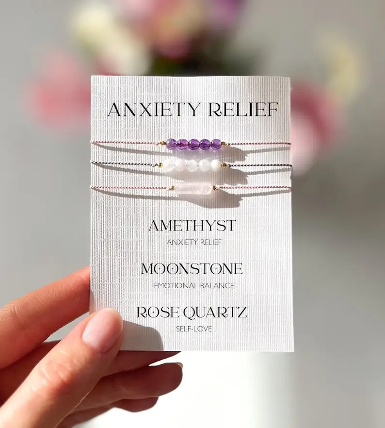 Armband-Set zur Linderung von Angst zuständen, Armband aus Amethyst, Mondstein und Rosenquarz-Edelstein-Seide, Selbstliebe und emotionales Gleichgewicht