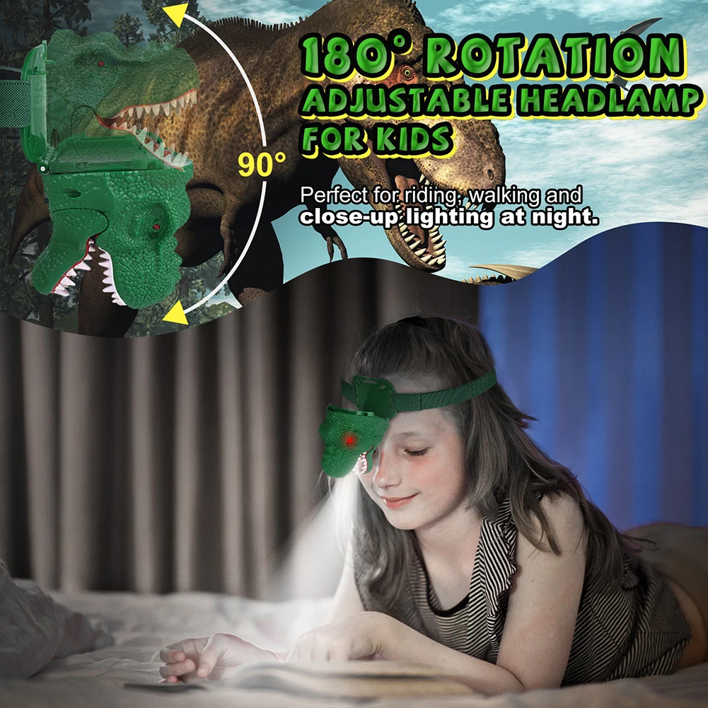 LED Dinosaur Kids Headlamp 90&deg; Rotation Novelty Simulation Dinosaur Headlamp 4 Modes Head Flashlight for Kids Ages 3+