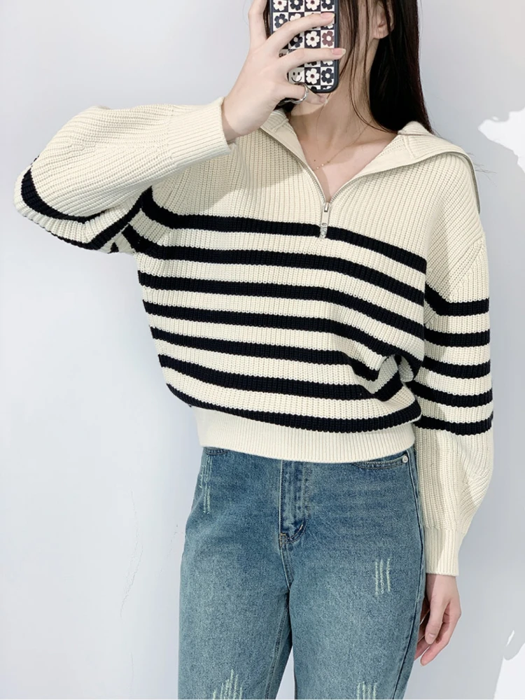 

Women Turtleneck Sweater Zipper Loose Long Sleeve Women's Striped Sweater Turn-down Collar Casual Oversize Knitwear Pullovers