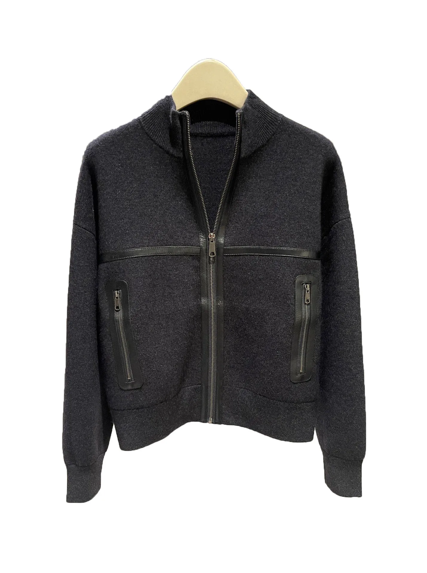 

Cashmere Patchwork Leather Standing Collar Zipper Cardigan Casual Fashion 2024 Fall New 1016
