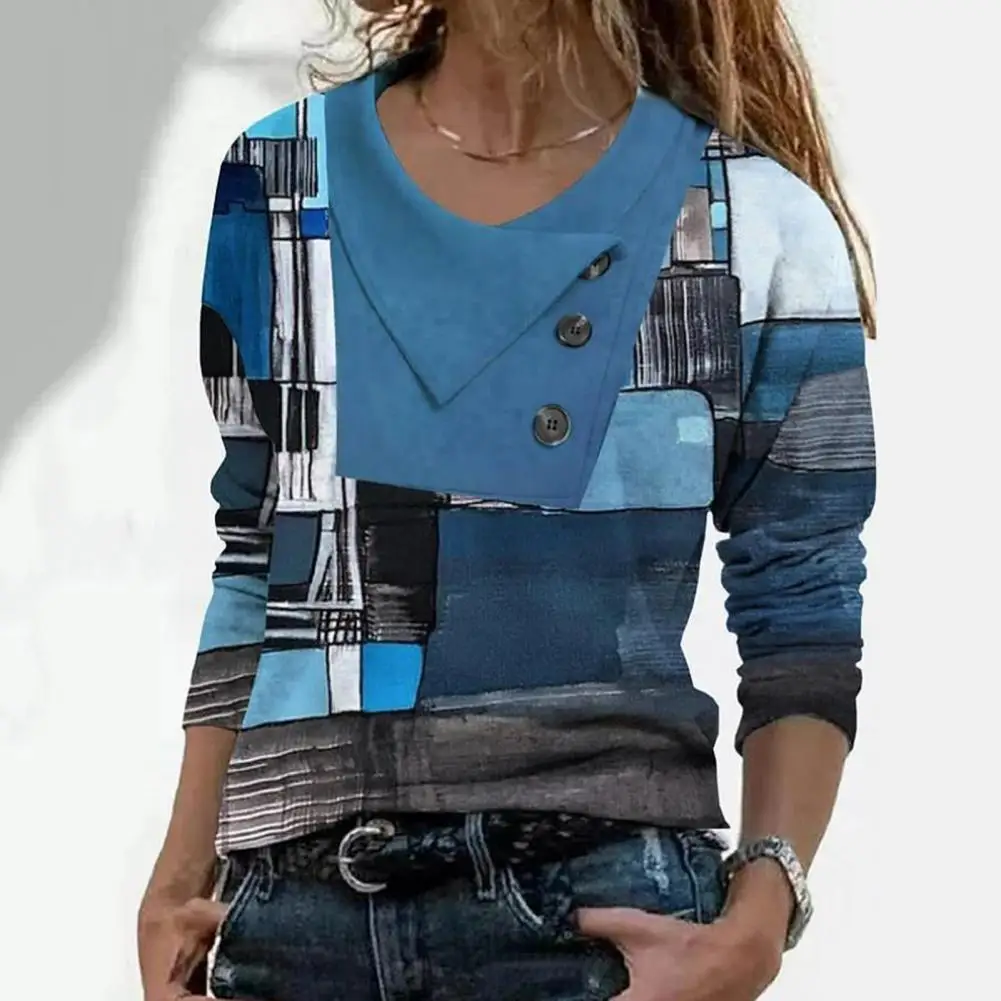 Classic Pullover Top  3D Cutting Skin-Touch Autumn Blouse  Geometry Patchwork Color Loose Autumn Tee Shirt