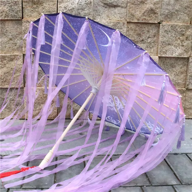 Purple Hanfu Oiled Paper Umbrella with Antique Tassels and Ribbons
