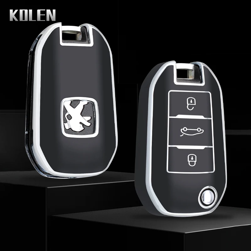 KUNIO Flip Key Case For Peugeot & Citroen – TPU Protective Cover, Purple With Silver Edge, Fits 3-Button Keys