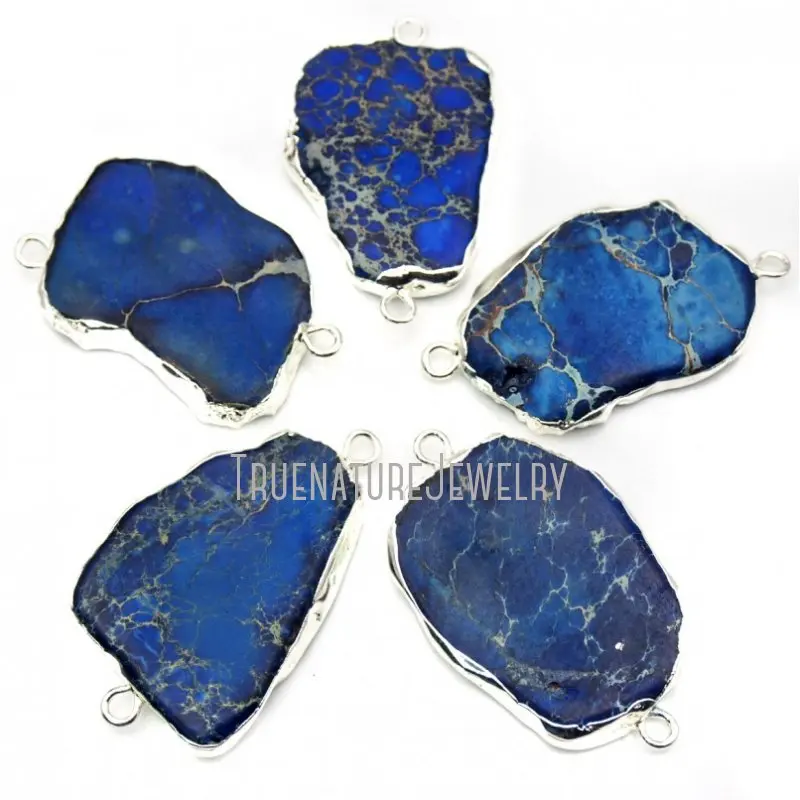 

PC19886 Royal Blue Imperial Jasper Connector Copper Jewelry Silver Plated Free Form Imperial Jasper Pendant 50x30 mm