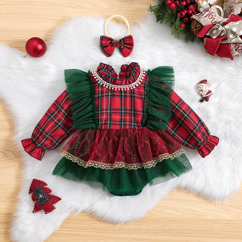 

Baby Girls Christmas Romper Tutu Dress Plaid Ruffle Long Sleeve Mesh Princess Bodysuit with Headband Outfits Set
