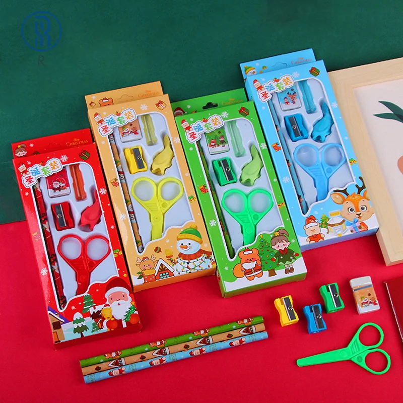

6Pcs/set Christmas Stationery Set Pencil Sharpener Erasers Children Writing Drawing Pencil Gift School Stationery Supplies