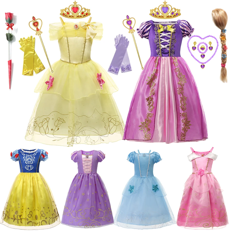 

Disney Girl Cinderella Rapunzel Cosplay Dress Up Snow White Belle Aurora Clothes For Kids Birthday Party Gown Princess Costume