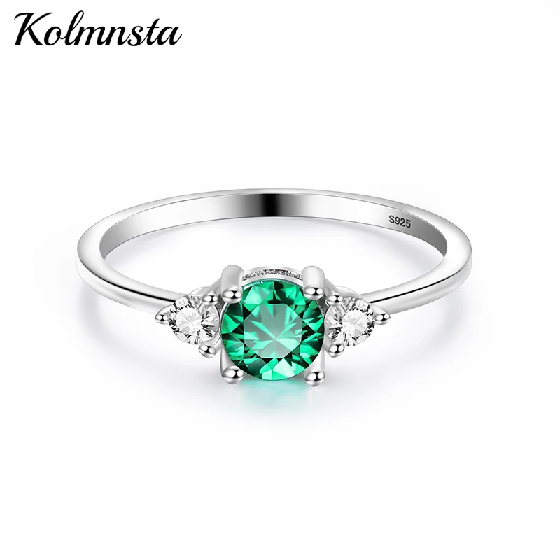 Kolmnsta Echt 925 Sterling Silber Grün AAA Zirkon Runde Eheringe für Frauen Zarter Braut-Verlobungsring Partyschmuck