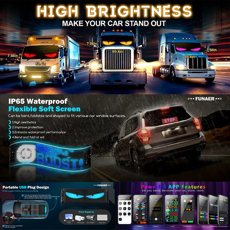 Devil's Eye Truck Windshield Remote Control Flexible Led Eye Animation Display Smart Scrolling Message Eye Soft LED Sign Board