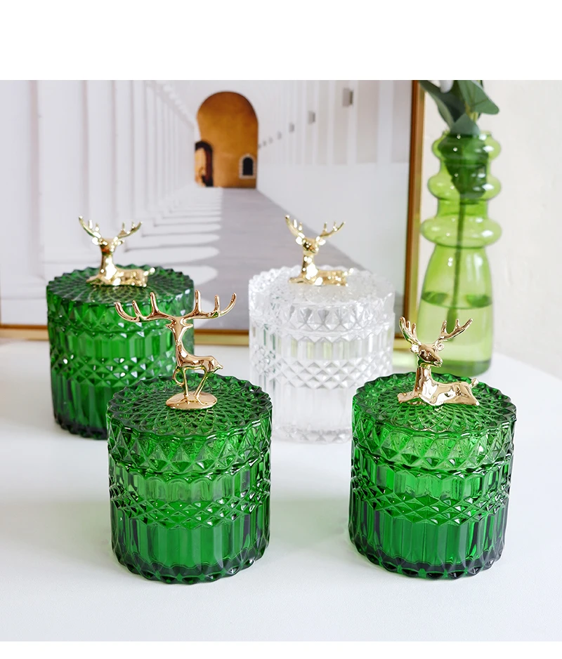 French Elk Glass Storage Jar Luxury Green Jewelry Cotton Swab Box Desktop Small Object Aromatherapy Candle Bottle Decor