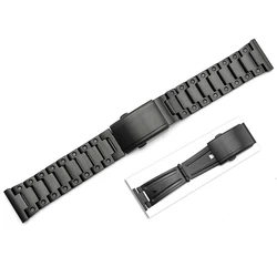 Men's Solid Stainless Steel Watch Band with Deployment Buckle - Brushed/Polished Finish - 22mm (Black - Strap)