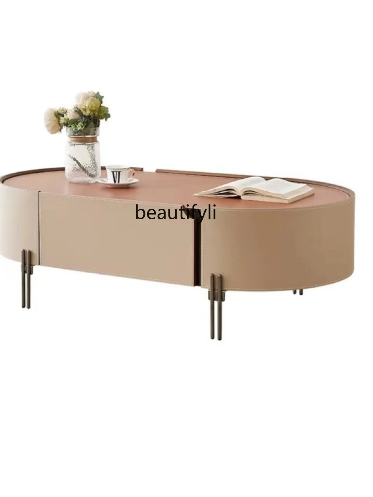 

Italian Minimalist Coffee Table Affordable Luxury Style Side Table Creative PU Leather Living Room Oval Tea Table Storage