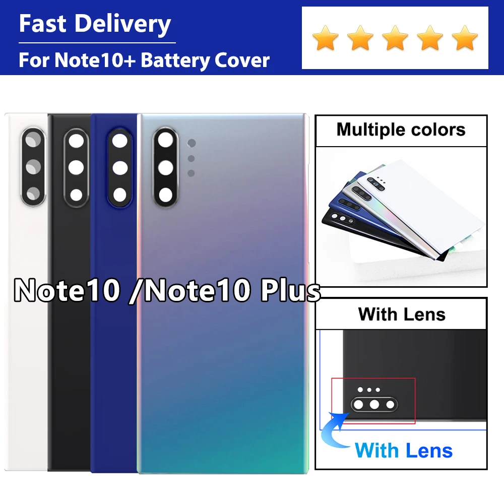 Para Samsung Note 10 Plus N970F N975F: Tampa Traseira de Bateria, Capa de Vidro Traseira, Carcaça com Adesivo e Lente de Câmera de Substituição para Note 10