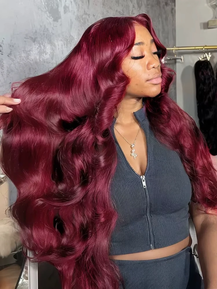 34 Inch 99J Burgundy Lace Front Wigs Human Hair 13x4 HD Transparent Body Wave Lace Front Wigs Human Hair Pre Plucked 2