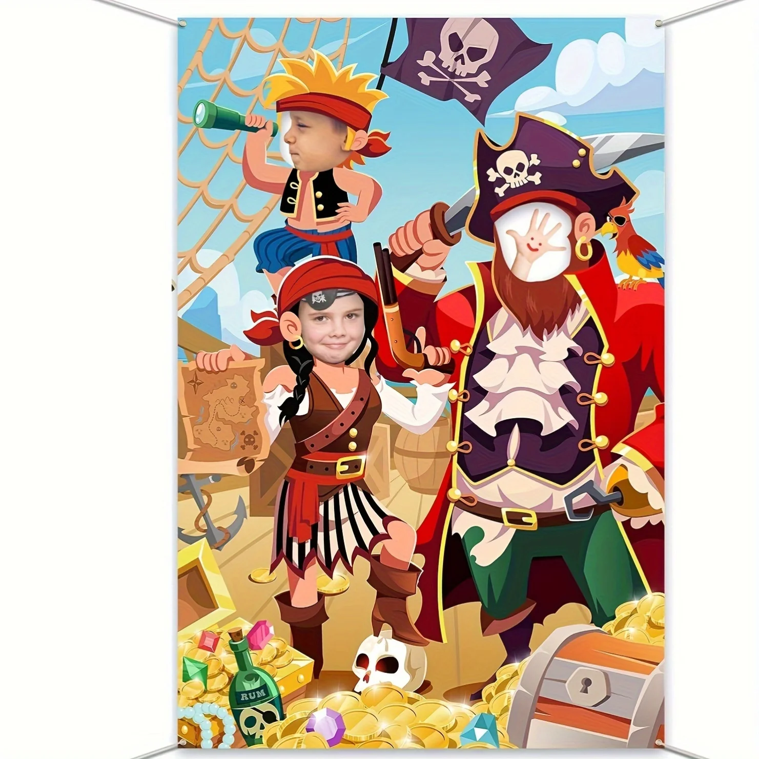 Interaktiver Party-Foto-Requisiten-Hintergrund mit Piratenmotiv – ein riesiger Hintergrund aus Stoff mit Piratengesicht und ein Geburtstagsbanner an der Tür – Detail 8