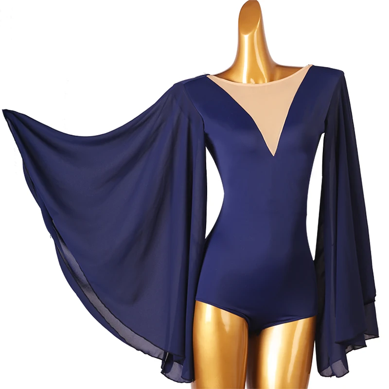 

Latin Leotard Dance Performance Stage Costume Sexy Back Mesh Sleeves Ballroom Practice Wear Exercise Clothing NightClub Outfits