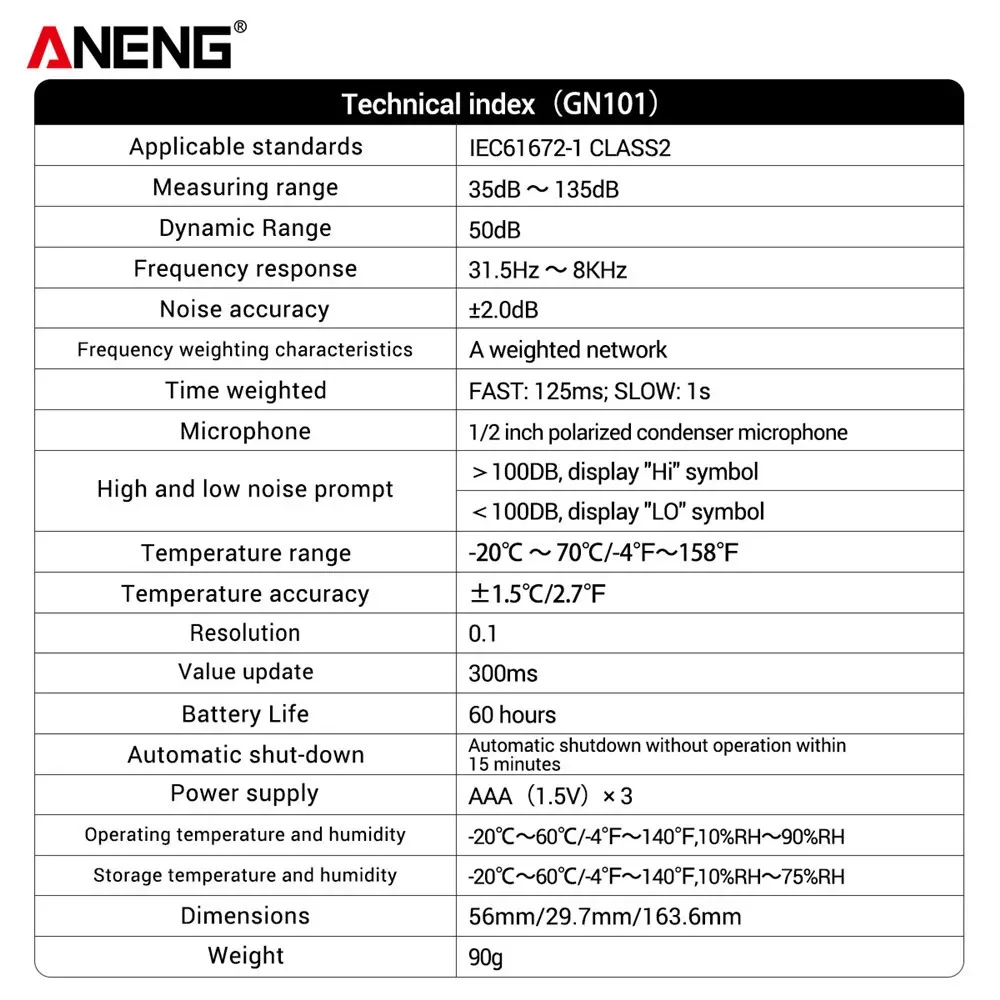 ANENG GN101 Digital Noise Meter Measurement 35-135 db Intelligent Sound Level Meter Decibel Monitor Logger  Diagnostic-Tool 6